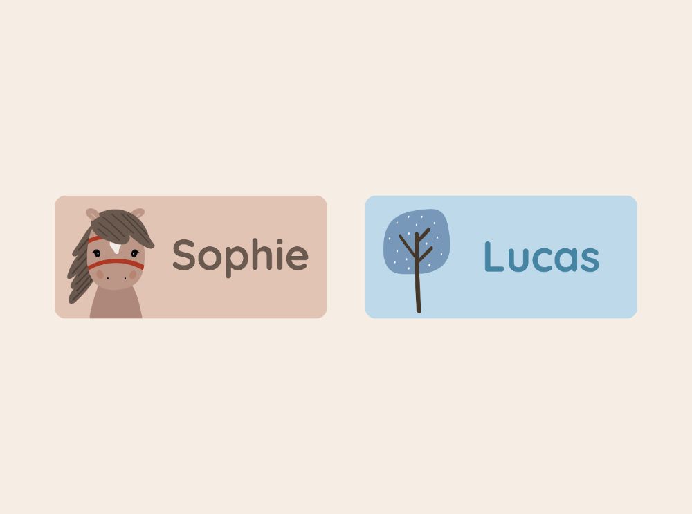Two personalized name labels, one with a horse design and the name Sophie, and one with a tree design and the name Lucas